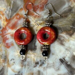 Red and Black Clay Beaded Silver Dangle Earrings
